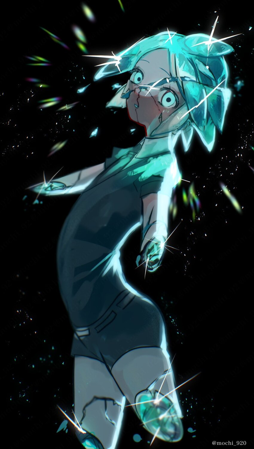1other amputee aqua_eyes aqua_hair arched_back cracked_skin crystal_hair gem_uniform_(houseki_no_kuni) haino_0920 highres houseki_no_kuni light_particles looking_at_viewer other_focus phosphophyllite quadruple_amputee short_hair short_shorts short_sleeves shorts simple_background solo