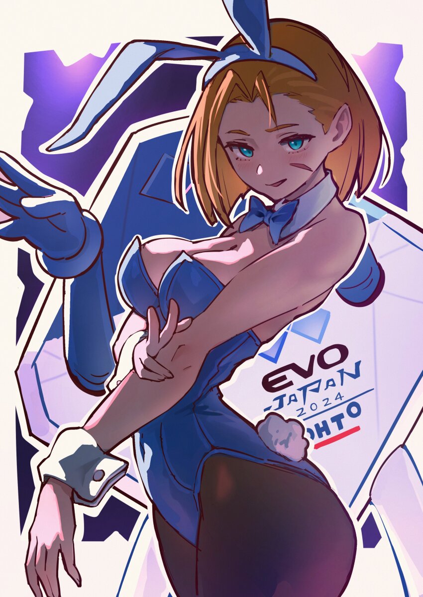 1girl absurdres ahoge animal_ears ap_cammy black_leotard blonde_hair blue_eyes cammy_white commentary_request detached_collar evolution_championship_series facial_scar fake_animal_ears fake_tail highleg highleg_leotard highres huge_ahoge leotard pantyhose playboy_bunny rabbit_ears rabbit_tail rohto_seiyaku scar scar_on_cheek scar_on_face strapless strapless_leotard street_fighter street_fighter_6 tail wrist_cuffs