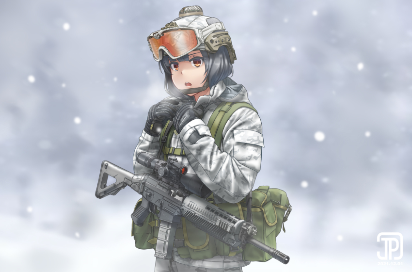 1girl assault_rifle black_gloves black_hair brown_eyes camouflage camouflage_jacket combat_helmet fast_helmet gloves goggles goggles_on_head gun helmet hood hood_down hooded_jacket jacket jpc load_bearing_vest long_sleeves military_combat_uniform military_operator military_uniform original rifle scope short_hair sig_sauer sig_sauer_556 snow_camouflage snowing solo tactical_clothes weapon