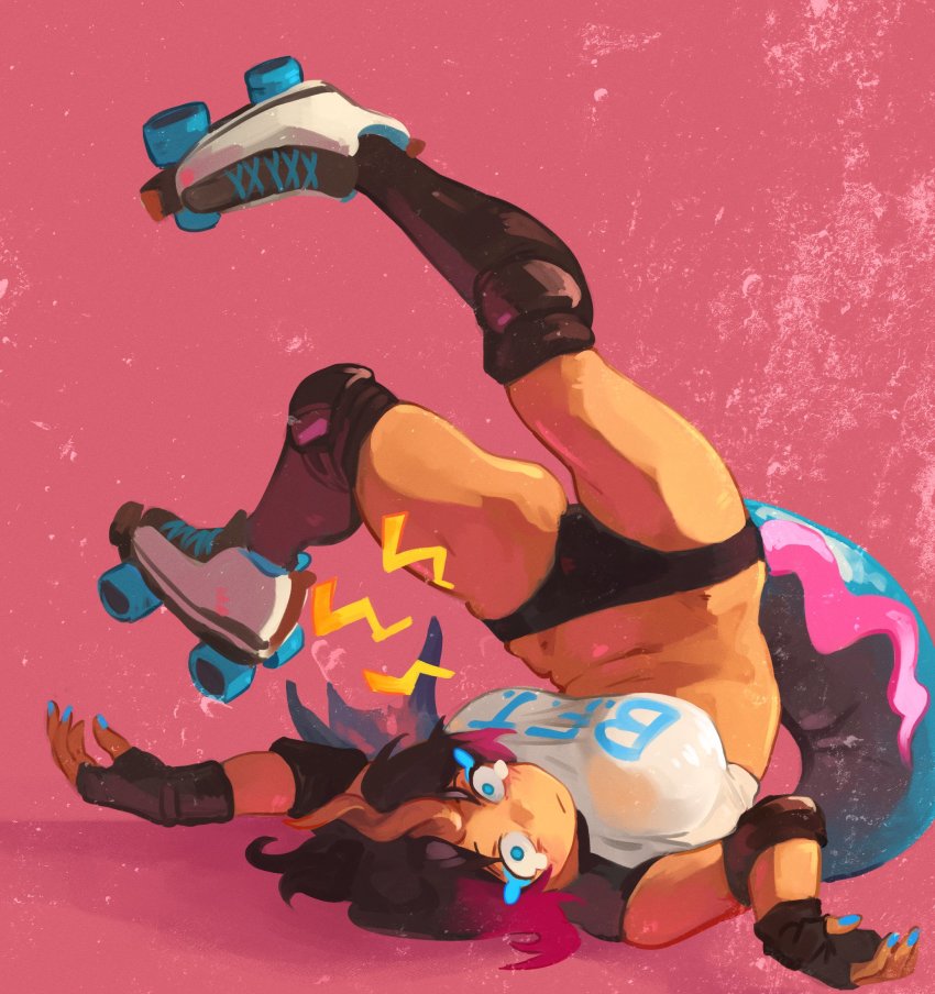 1girl breasts dragon_girl elma_(maidragon) fallen_down fingerless_gloves full_body gloves gradient_hair highres horns khyle. knee_pads kobayashi-san_chi_no_maidragon large_breasts looking_at_viewer midriff monster_girl multicolored_hair navel pink_background roller_skates short_hair single_horn skates skating solo sports_bikini sports_panties sportswear tail tears thick_thighs thighs wheels