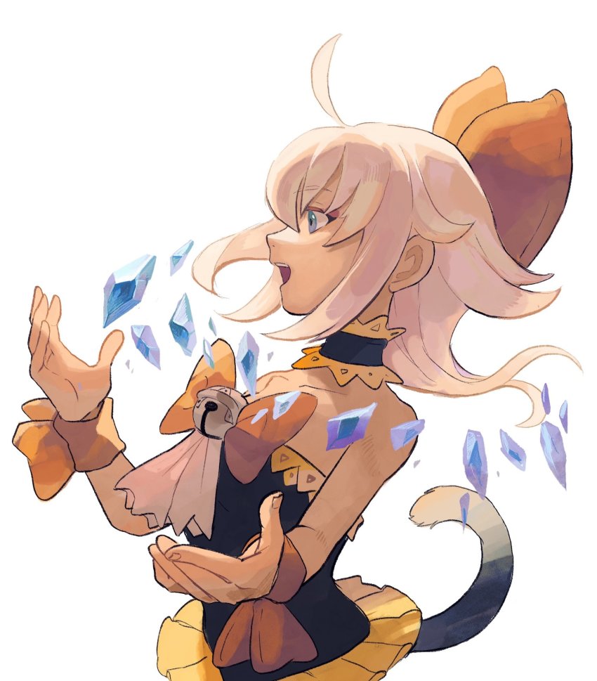 1girl ahoge azukimomonaka bare_shoulders bell blue_eyes bow cat_tail choker crystal final_fantasy final_fantasy_crystal_chronicles final_fantasy_crystal_chronicles:_echoes_of_time hair_bow highres long_hair open_mouth pink_hair sherlotta simple_background smile solo strapless tail white_background