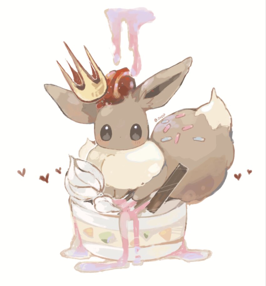 absurdres blush brown_eyes cake eevee food fruit gen_1_pokemon heart highres icing looking_at_viewer nintendo no_humans ovoip pokemon pokemon_(creature) solo sprinkles strawberry twitter_username whipped_cream white_background