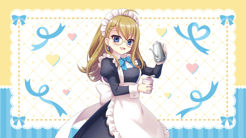 1girl ahoge alternate_costume apron black_dress blonde_hair blue_bow blue_bowtie blue_eyes blush bow bowtie braid breasts cowboy_shot cup_ramen dress enmaided fang film_grain food frilled_apron frills furumi_chie game_cg heart holding holding_food holding_teapot izumi_tsubasu long_hair long_skirt long_sleeves looking_at_viewer maid maid_apron medium_breasts non-web_source official_art open_mouth re:stage! round_eyewear single_braid skin_fang skirt smile solo teapot white_apron
