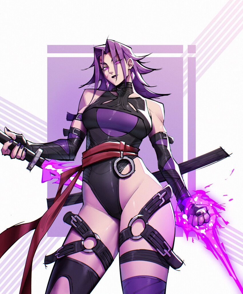 1girl absurdres breasts elbow_gloves gloves highleg highleg_leotard highres holding holding_sword holding_weapon large_breasts leotard long_hair looking_at_viewer marvel marvel_rivals psylocke psylocke_(sai) purple_eyes purple_hair real_sixer121 sash solo superhero_costume sword thighhighs weapon x-men