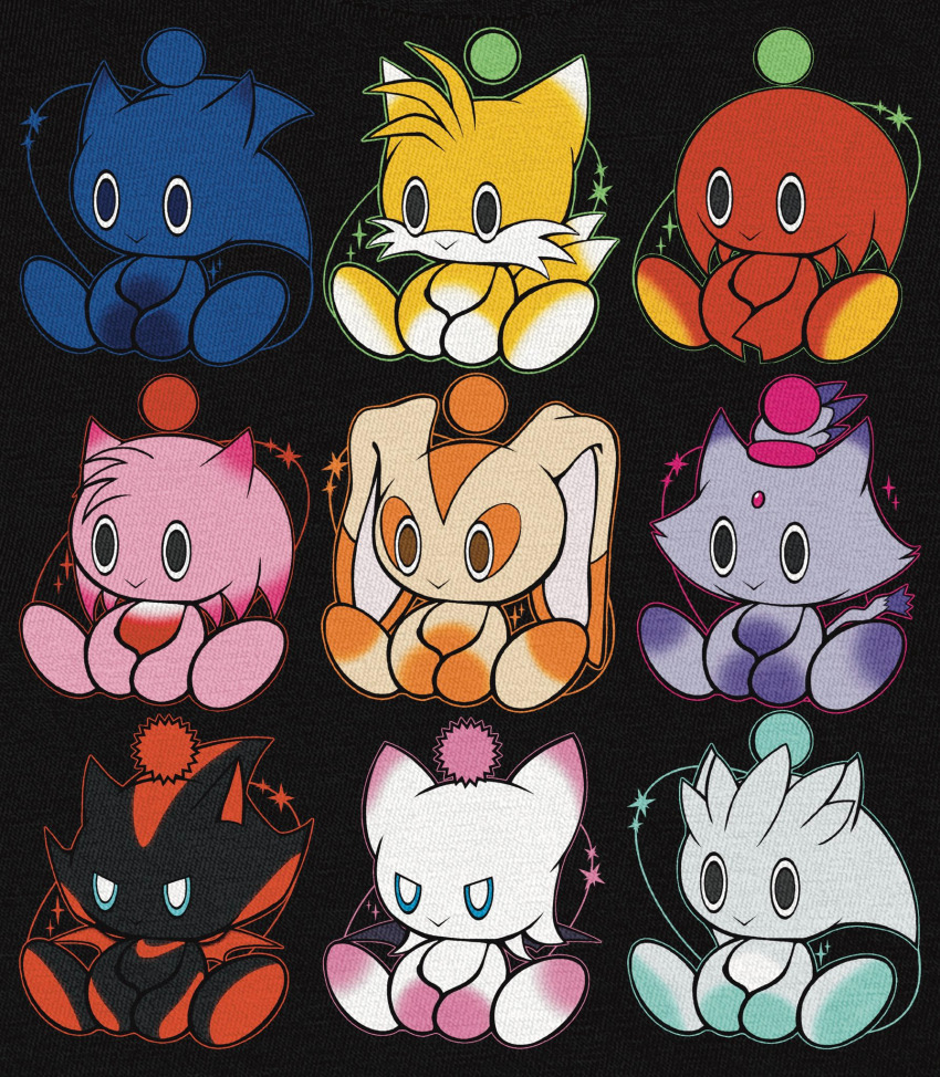 amy_rose animal_ears bat_wings black_skin blaze_the_cat blue_skin cat_ears chao_(sonic) colored_skin cream_the_rabbit grey_skin highres knuckles_the_echidna mamonoworld multiple_tails orange_skin petite pink_skin purple_skin rabbit_ears red_skin rouge_the_bat sega shadow_the_hedgehog silver_the_hedgehog sitting smile sonic_(series) sonic_adventure sonic_the_hedgehog tail tails_(sonic) two_tails white_skin wings yellow_skin