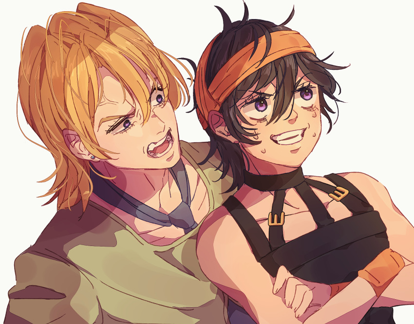 2boys black_hair blonde_hair crossed_arms headband highres jojo_no_kimyou_na_bouken male_focus multiple_boys narancia_ghirga necktie pannacotta_fugo purple_eyes siniy sweat vento_aureo