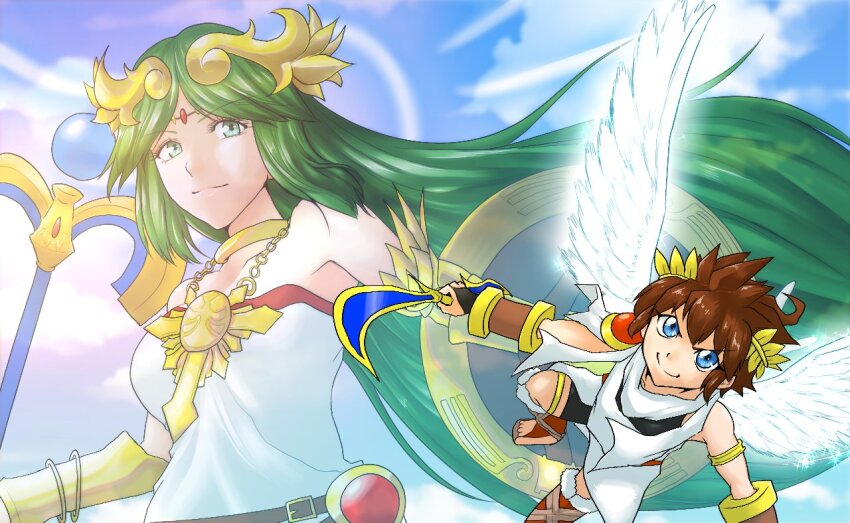 1boy 1girl ahoge angel angel_wings arm_shield blue_eyes blue_sky brown_hair collarbone fumio_(fumifumi) glowing glowing_wings green_eyes green_hair kid_icarus kid_icarus_uprising laurel_crown long_hair nintendo palutena palutena_bow_(kid_icarus) pit_(kid_icarus) sky staff very_long_hair wings