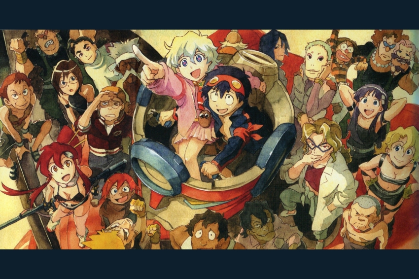 00s 6+boys 6+girls :d ailac_coega arm_up attenborough_cortitch barinbo bikini bikini_top_only black_hair blonde_hair blue_hair boota_(ttgl) breasts brown_eyes cleavage collarbone dark_skin darry_adai dayakka everyone from_above gabal_docker gimmy_adai jogan kidd_coega kinon_bachika kittan_bachika kiyal_bachika kiyoh_bachika lagann leeron_littner leite_jokin looking_at_viewer machinery makken mecha multicolored_hair multiple_boys multiple_girls muscular nia_teppelin old_coco open_mouth ponytail red_hair robot rossiu_adai shinagawa_hiroki simon_(ttgl) smile spiked_hair standing swimsuit tank_top tengen_toppa_gurren_lagann two-tone_hair viral_(ttgl) wavy_hair wide-eyed yoko_littner zoushi_kanai