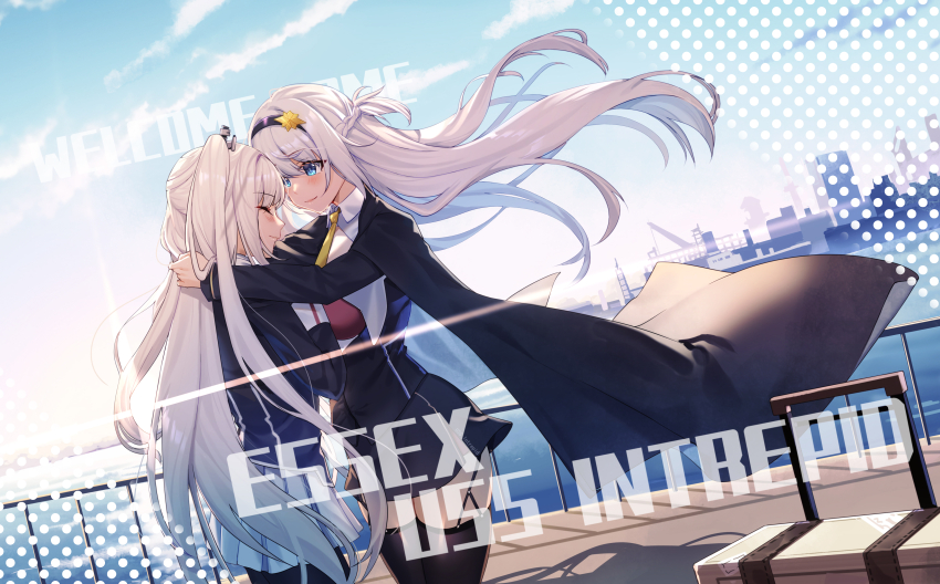 2girls absurdres aer_(tengqiu) blue_eyes blush cape closed_eyes english_text essex_(warship_girls_r) garter_straps hair_ornament hair_ribbon hairband highres hug intrepid_(warship_girls_r) long_hair long_sleeves multiple_girls necktie one_side_up ribbon shirt skirt sky smile standing thighhighs two_side_up warship_girls_r white_hair yuri
