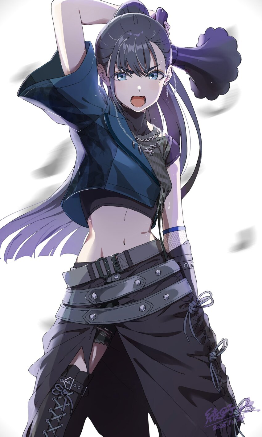 1girl amaya_tsubame arm_behind_back arm_over_head ayano_yuu_(sonma_1426) belt black_belt black_hair black_shirt black_shoes blue_eyes boots cowboy_shot cropped_shirt cross-laced_shoes elbow_gloves fishnet_gloves fishnets gakuen_idolmaster gloves high_ponytail highres holding holding_megaphone idolmaster linea_alba long_hair megaphone multiple_belts navel ponytail shirt shoes simple_background solo stomach thigh_boots white_background