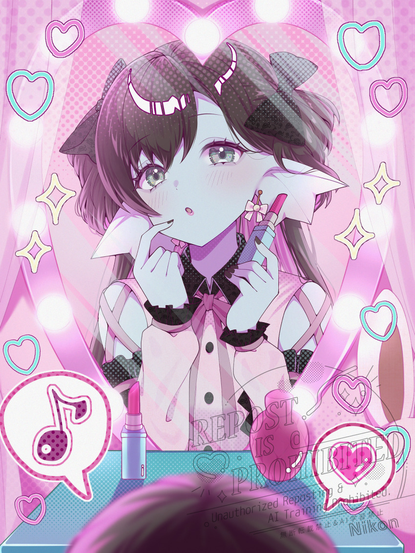 1girl applying_makeup applying_own_makeup aqua_eyes black_bow black_hair black_nails blouse blue_skin blurry bottle bow bow_earrings colored_skin commentary_request cosmetics curtains depth_of_field dragon_quest dragon_quest_x earrings fins fish_girl hair_bow head_fins heart highres holding holding_lipstick_tube jewelry jirai_kei lipstick_tube long_hair looking_at_mirror looking_at_viewer makeup mirror musical_note nikon_(user_aznh7528) open_mouth perfume_bottle pink_bow pink_lips pink_lipstick_tube pink_shirt shirt solo sparkle speech_bubble spoken_heart spoken_musical_note table upper_body vanity_table watermark weddie_(dq10)