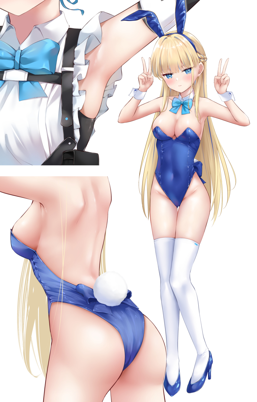 &gt;:) 1girl animal_ear_hairband animal_ears aqua_bow aqua_bowtie armpits ass back back_bow bare_shoulders blonde_hair blue_archive blue_bow blue_eyes blue_hairband blue_leotard blue_shoes blunt_bangs blush bow bowtie braid breasts c.u.wa cleavage close-up closed_mouth collarbone commentary_request covered_navel curvy detached_collar double_v fake_animal_ears from_behind full_body gluteal_fold groin hair_behind_ear hairband half_up_braid hands_up high_heels highleg highleg_leotard highres knees_together_feet_apart large_breasts legs leotard long_hair looking_at_viewer multiple_views official_alternate_costume official_alternate_hairstyle playboy_bunny rabbit_ears rabbit_tail shoes sideboob sidelocks smile smug standing straight_hair strapless strapless_leotard tail thigh_gap thighhighs toki_(blue_archive) toki_(bunny)_(blue_archive) v v-shaped_eyebrows very_long_hair white_thighhighs white_wrist_cuffs wrist_cuffs