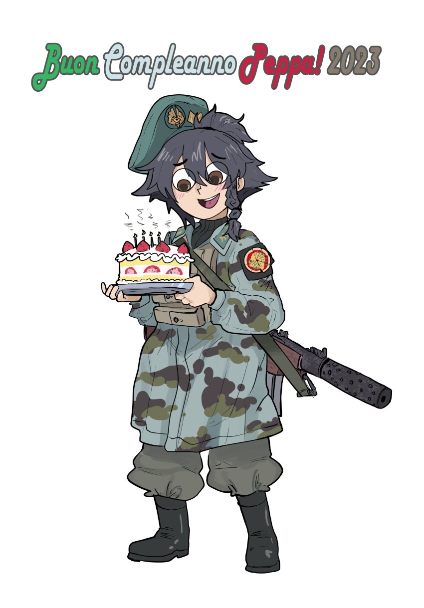 1girl absurdres anzio_(emblem) beret beretta_model_38 birthday_cake black_hair blue_jacket brown_eyes cake camouflage camouflage_jacket candle emblem food fruit girls_und_panzer green_hat green_pants happy_birthday hat highres holding holding_cake holding_food italian_text jacket japvs looking_down military_uniform pants pepperoni_(girls_und_panzer) smile solo strawberry strawberry_slice toon_(style) white_background