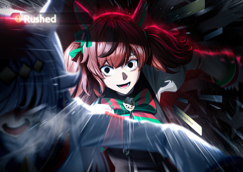 2girls absurdres animal_ears black_dress black_streaks bow bowtie brown_hair commentary_request diagonal-striped_bow diagonal-striped_bowtie diagonal-striped_clothes dress emphasis_lines empty_eyes evil_smile gameplay_ability gameplay_mechanics green_bow green_bowtie grey_hair grey_shirt highres horse_ears horse_girl manjo_(warito) motion_blur motion_lines multiple_girls nice_nature_(poinsettia_ribbon)_(umamusume) nice_nature_(umamusume) oguri_cap_(starlight_beat)_(umamusume) oguri_cap_(umamusume) open_mouth shirt smile solo_focus striped_bow striped_bowtie striped_clothes twintails umamusume white_shirt wide-eyed
