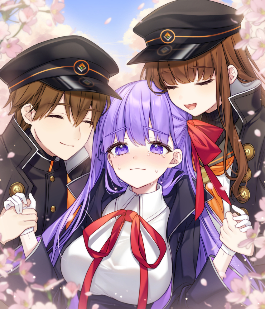 1boy 2girls :d bb_(fate) black_hat black_jacket black_skirt blue_sky blush bow brown_hair closed_eyes closed_mouth collared_shirt commentary_request crying crying_with_eyes_open day fate/grand_order fate_(series) gakuran gloves grey_sailor_collar hair_bow happy_tears hat high-waist_skirt highres holding_hands jacket karokuchitose kishinami_hakuno_(female) kishinami_hakuno_(female)_(mooncancer) kishinami_hakuno_(male) kishinami_hakuno_(male)_(mooncancer) long_hair long_sleeves multiple_girls neck_ribbon neckerchief open_clothes open_jacket open_mouth orange_neckerchief outdoors peaked_cap purple_eyes purple_hair red_bow red_ribbon ribbon sailor_collar school_uniform serafuku shirt skirt sky smile tears very_long_hair white_gloves white_shirt wide_sleeves
