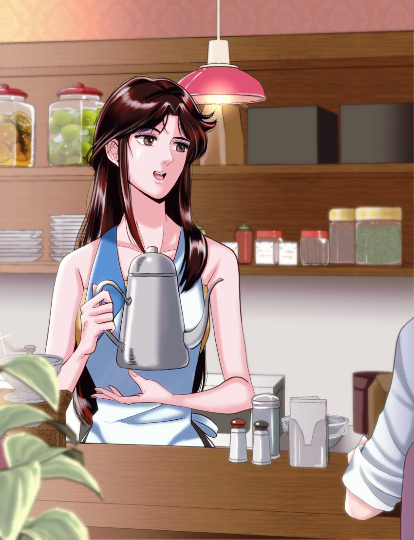 1girl 1other absurdres apron barista blurry brown_eyes brown_hair commentary_request counter depth_of_field half_updo highres holding holding_kettle kettle long_hair open_mouth original salt_shaker sleeves_rolled_up smile solo_focus strapless tube_top upper_body white_apron yumeniku