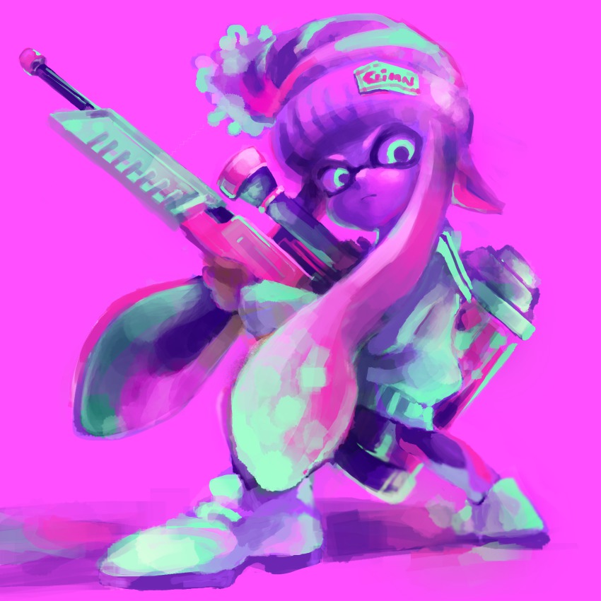 1girl beanie coat domino_mask female_focus gun hat highres hood hoodie inkling_player_character mask neon nintendo shoes sneakers solo splatoon_(series) tentacle_hair twintails weapon