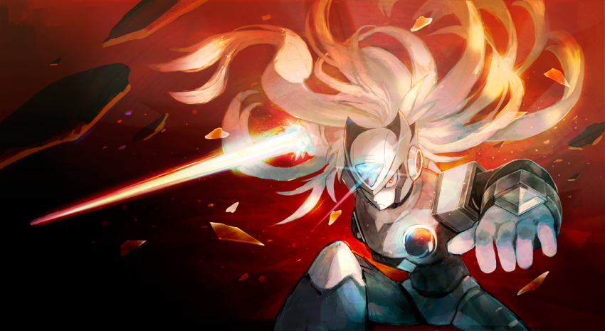 1boy blonde_hair commentary commentary_request english_commentary frown helmet holding holding_sword holding_weapon horocca kneeling long_hair looking_at_viewer male_focus mega_man_(series) mega_man_x_(series) mixed-language_commentary red_eyes solo sword weapon z_saber zero_(mega_man)