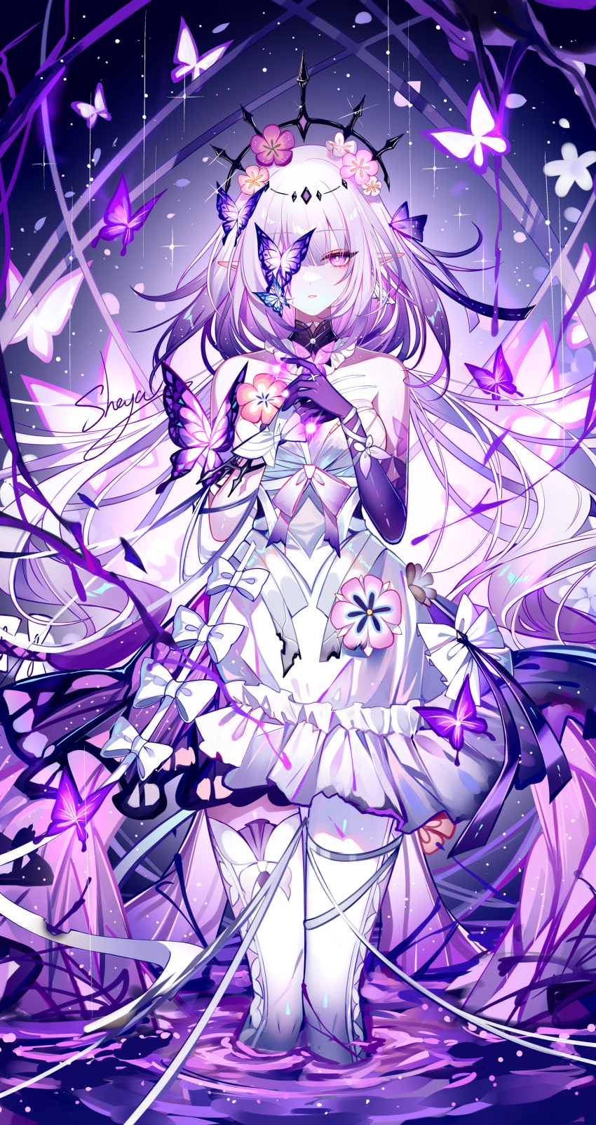 1girl absurdres artist_name bare_shoulders bow bug butterfly castorice_(honkai:_star_rail) dress highres honkai:_star_rail honkai_(series) insect long_hair looking_at_viewer parted_lips purple_eyes purple_hair sheya signature solo standing thighhighs tiara very_long_hair white_bow white_dress white_thighhighs