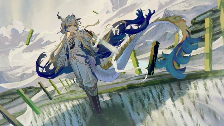 1girl absurdres arknights arm_at_side black_boots blonde_hair blue_hair boots commentary dragon_girl dragon_horns dragon_tail feet_out_of_frame grey_hair grey_sky hair_ornament hair_stick highres holding holding_sword holding_weapon horns jacket long_hair multicolored_hair natsuba002 outdoors pants rice_paddy shirt shu_(arknights) sidelocks sky solo sword tail wading weapon white_jacket white_pants white_shirt work_boots