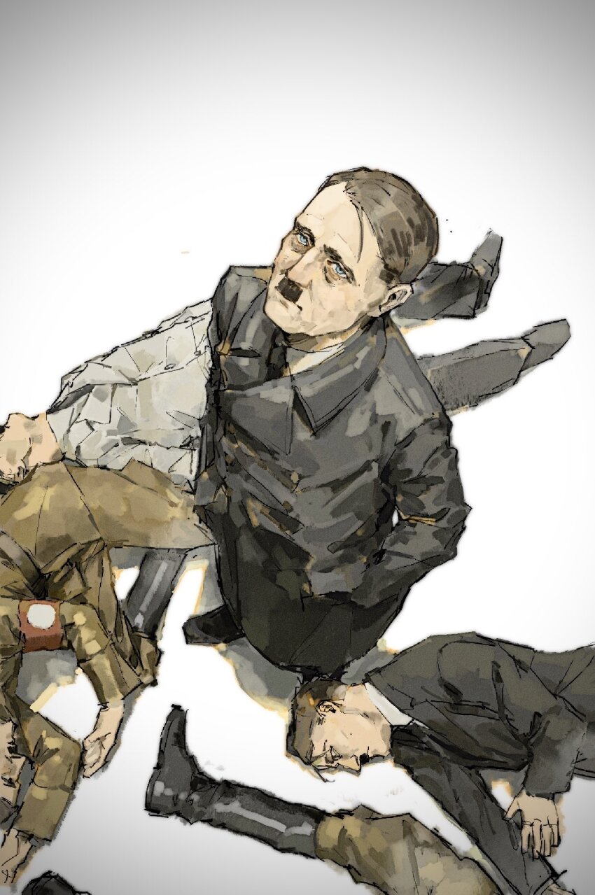 5boys adolf_hitler blue_eyes boots brown_hair clone coat ecku_(eckiiaaoo) expressionless facial_hair from_above full_body german_commentary hands_in_pockets highres looking_up lying male_focus military_uniform multiple_boys mustache on_back on_side politician real_life simple_background sketch