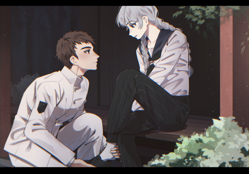 2boys baggy_pants black_neckerchief blush braid brown_hair couple crossdressing elulit2 grey_eyes helping highres hijiyama_takatoshi holding_another&#039;s_foot jacket juusan_kihei_bouei_ken kneeling looking_at_another male_focus multiple_boys neckerchief okino_tsukasa pants school_uniform short_hair sitting trap twin_braids white_gakuran white_hair white_jacket wig yaoi