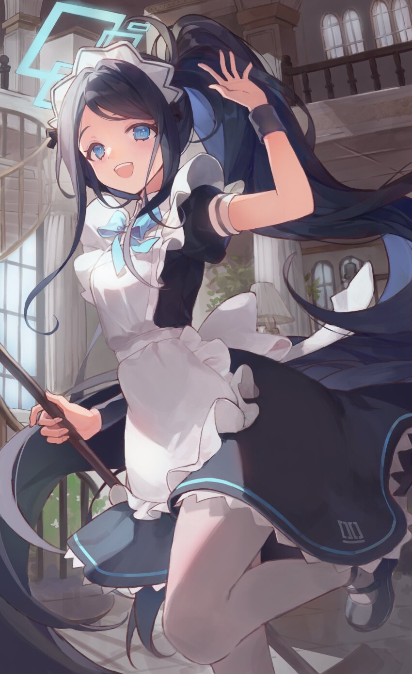 1girl absurdres apron aqua_halo aris_(blue_archive) aris_(maid)_(blue_archive) arm_up black_dress black_footwear black_hair blue_archive blue_bow blue_bowtie blue_eyes bow bowtie column commentary dress frilled_apron frills halo high_ponytail highres holding holding_mop indoors lamp leg_up long_hair looking_at_viewer maid maid_headdress mop number_print open_mouth pantyhose parted_hair pillar ponytail puffy_short_sleeves puffy_sleeves railing rectangular_halo sha_(nz2) short_dress short_sleeves smile solo stairs teeth upper_teeth_only white_apron white_pantyhose window wristband