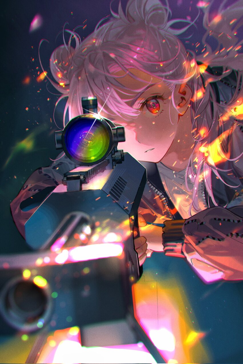 aiming aiming_at_viewer double_bun embers fire firing ghost_fixers gun hair_bun highres holding holding_gun holding_weapon jacket kirarazaka_moka looking_at_viewer open_clothes open_jacket pink_hair red_eyes rifle scope shirt sniper_rifle sparks tidsean weapon white_shirt