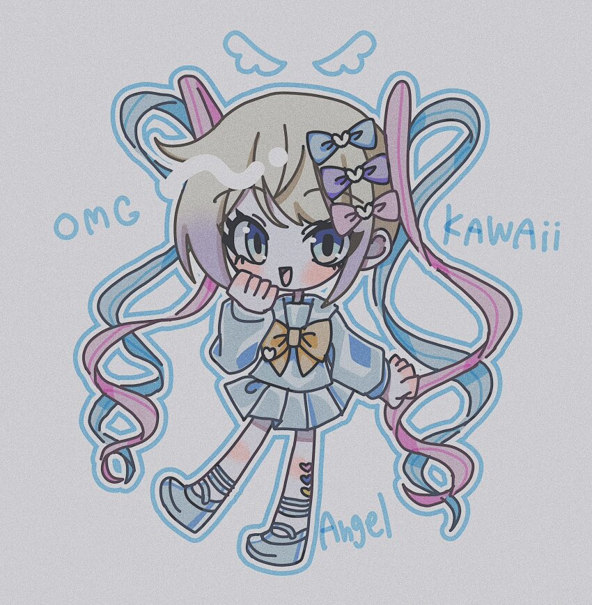 1girl :d blonde_hair blue_eyes blue_hair blue_outline blue_serafuku bow chest_bow chibi chibi_only chouzetsusaikawa_tenshi-chan clenched_hand colored_tips drawn_wings full_body grey_background hair_bow hand_up highres looking_at_viewer multicolored_hair multiple_hair_bows needy_girl_overdose open_mouth outline outstretched_arms pink_hair platform_shoes quad_tails reno_(re_leno) school_uniform serafuku smile