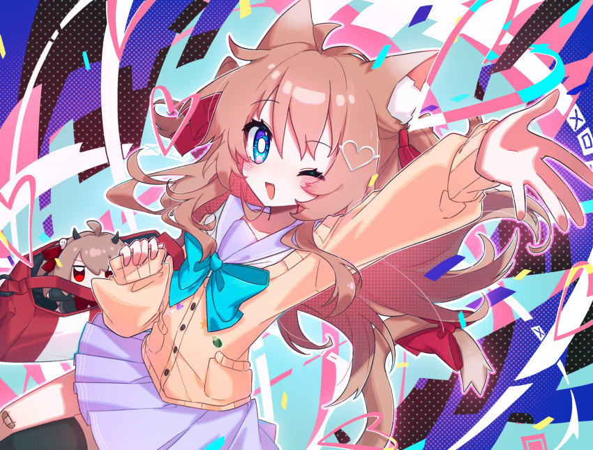 1girl :d animal_ears bandaid bandaid_on_knee bandaid_on_leg blue_bow blue_bowtie blue_eyes blush bow bowtie bright_pupils cardigan cat_ears character_doll evil_neuro-sama fang hair_bow hair_ornament heart heart_hair_ornament highres lingyou long_sleeves looking_at_viewer miniskirt neuro-sama one_eye_closed open_mouth orange_cardigan polka_dot polka_dot_background purple_sailor_collar purple_skirt red_bow sailor_collar skirt smile solo vedal_ai white_pupils