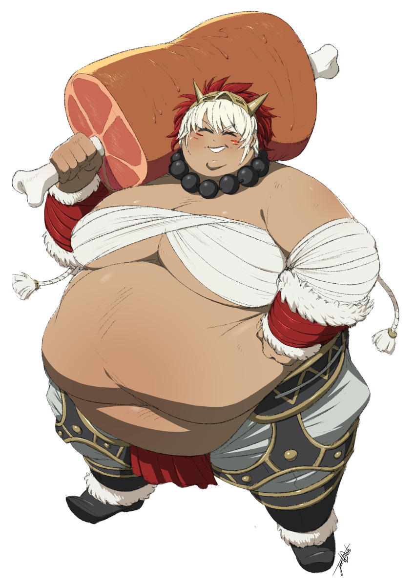 1girl absurdres alternate_body_size bandaged_arm bandages breasts closed_eyes dark-skinned_female dark_skin facial_mark fat fat_woman fire_emblem food grin highres jeetdoh large_breasts mask mask_on_head meat multicolored_hair nintendo obese over_shoulder red_eyes red_hair rinkah_(fire_emblem) sarashi short_hair smile solo standing white_hair