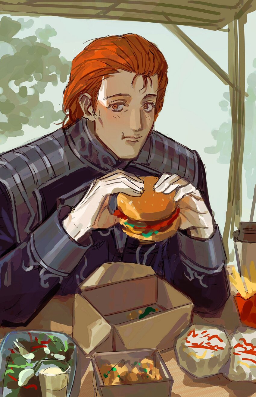 1boy black_jacket book burger chewing collared_jacket cup eating elbows_on_table epaulettes erhuazi917 food food_wrapper french_fries fritz_josef_bittenfeld ginga_eiyuu_densetsu gloves hair_slicked_back hands_up highres holding holding_burger holding_food jacket long_sleeves looking_to_the_side male_focus military_jacket military_uniform open_book orange_eyes orange_hair salad short_hair solo table upper_body white_gloves