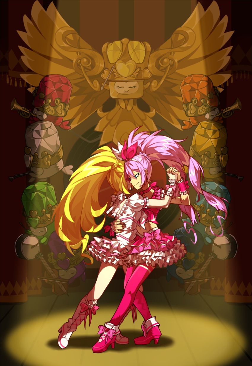 10s 2girls ^_^ arm_up blonde_hair blue_eyes boots bow braid choker clarinet closed_eyes closed_mouth conductor_baton crescendo_tone cure_melody cure_rhythm curtains dancing dodory dory dress drum drumsticks fary footwear_bow frilled_dress frilled_skirt frilled_sleeves frills full_body hair_ribbon half-closed_eyes hand_on_another&#039;s_back heart high_heel_boots high_heels high_ponytail highres holding_hands houjou_hibiki instrument interlocked_fingers juewang_shaonu lace-up_boots lary long_hair magical_girl midriff minamino_kanade miry multiple_girls navel petticoat pink_boots pink_bow pink_hair pink_legwear pink_ribbon pink_shirt pink_skirt ponytail precure puffy_short_sleeves puffy_sleeves rery ribbon ribbon_choker shadow shirt shoes short_sleeves skirt sleeveless smile sory spotlight suite_precure tank_top thighhighs tiry treble_clef trumpet twintails very_long_hair violin waltz_(dance) white_dress wings wrist_cuffs yuri