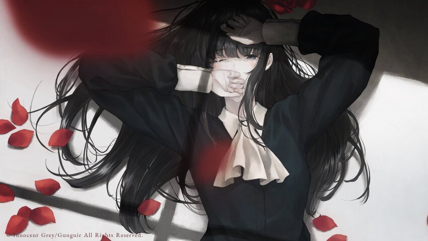 1girl ascot black_dress black_eyes black_hair blurry blurry_foreground collared_shirt commentary_request copyright_notice covering_own_mouth depth_of_field dress falling_petals group_name hair_spread_out half-closed_eye highres kara_no_shoujo kuchiki_touko long_hair looking_at_viewer lying official_art on_back one_eye_closed petals red_petals shirt sleeve_cuffs solo sugina_miki upper_body white_ascot white_shirt white_sleeve_cuffs