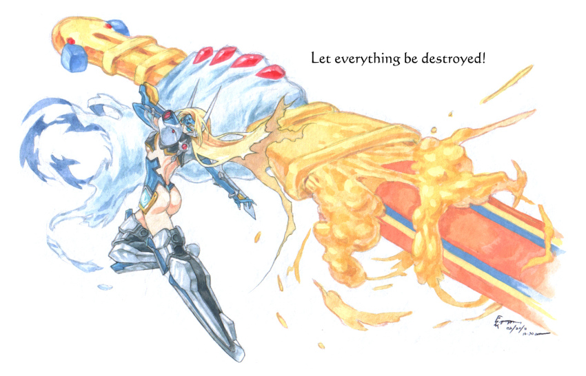 1girl ass blazblue blonde_hair blue_eyes dominic_ian_cabatit english_text forehead_protector full_body highres holding holding_weapon huge_weapon large_hands long_hair mecha_musume mu-12 revealing_clothes robot_ears solo weapon