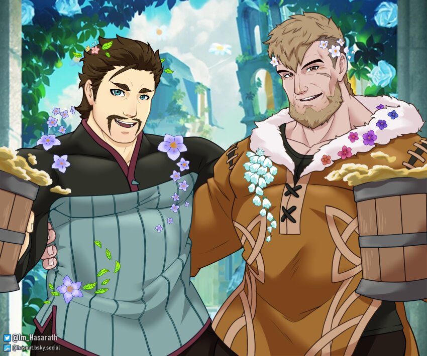 2boys alcohol alois_rangeld arts_of_hasarath bara beer blonde_hair blue_eyes brown_hair couple cowboy_shot facial_hair fire_emblem fire_emblem:_three_houses flower forest hair_flower hair_ornament happy highres jeralt_reus_eisner large_pectorals long_sleeves looking_at_viewer male_focus mature_male multiple_boys muscular muscular_male mustache nature nintendo pectorals short_hair side-by-side smile thick_eyebrows valentine yaoi