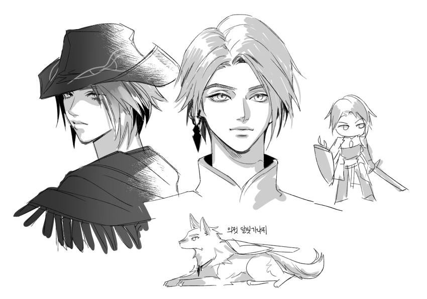 1girl androgynous animalization bib_bb_bib cropped_torso dog earrings expressionless final_fantasy final_fantasy_xiv greyscale hat highres jewelry looking_at_viewer monochrome multiple_views portrait reaper_(final_fantasy) reverse_trap simple_background single_earring tricorne white_background zero_(ff14)