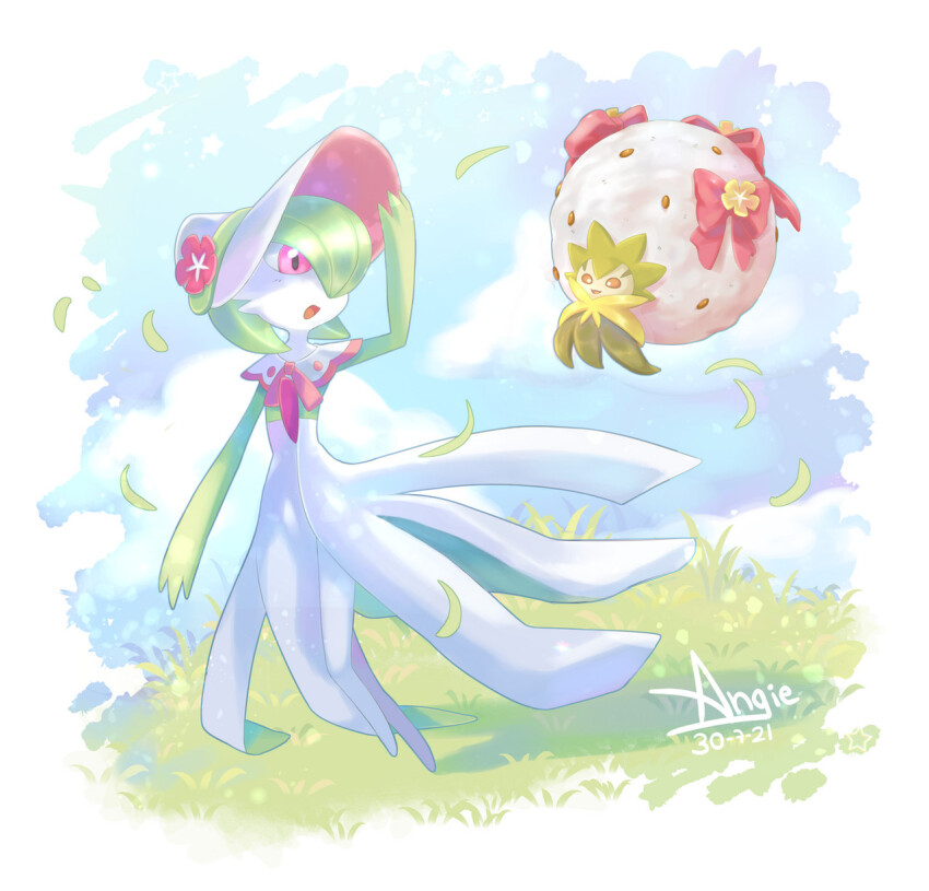 angiethecat blue_sky bob_cut bonnet bow colored_skin dated dress eldegoss eldegoss_(fashionable) flower gardevoir gardevoir_(fashionable) gen_3_pokemon gen_8_pokemon grass green_hair green_skin hair_over_one_eye hand_on_headwear hat hat_flower highres multicolored_skin nintendo no_humans on_grass open_mouth pink_bow pink_eyes pink_flower pokemon pokemon_(creature) pokemon_unite signature sky smile two-tone_skin white_dress white_skin