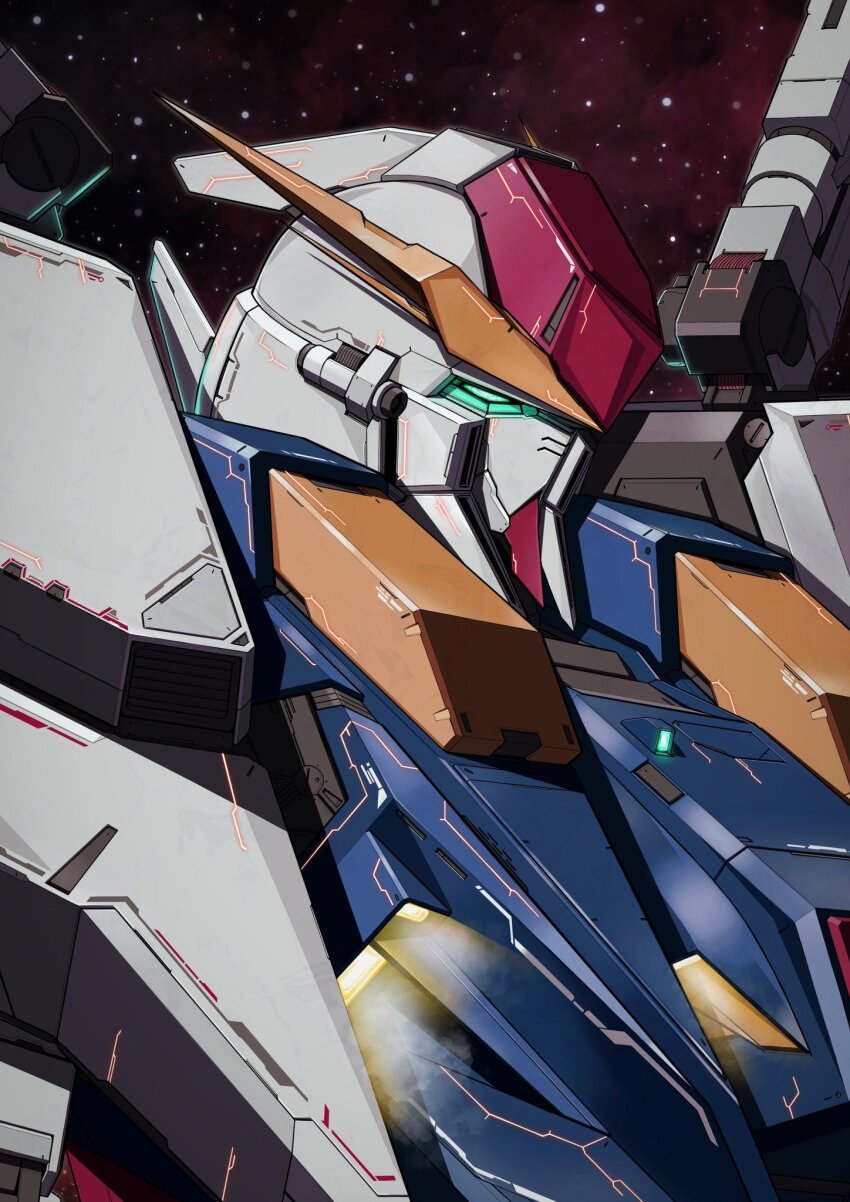 commentary ctpt9r glowing glowing_eye greek_commentary green_eyes gundam gundam_hathaway&#039;s_flash highres mecha mecha_focus mobile_suit no_humans portrait redesign robot science_fiction solo v-fin xi_gundam