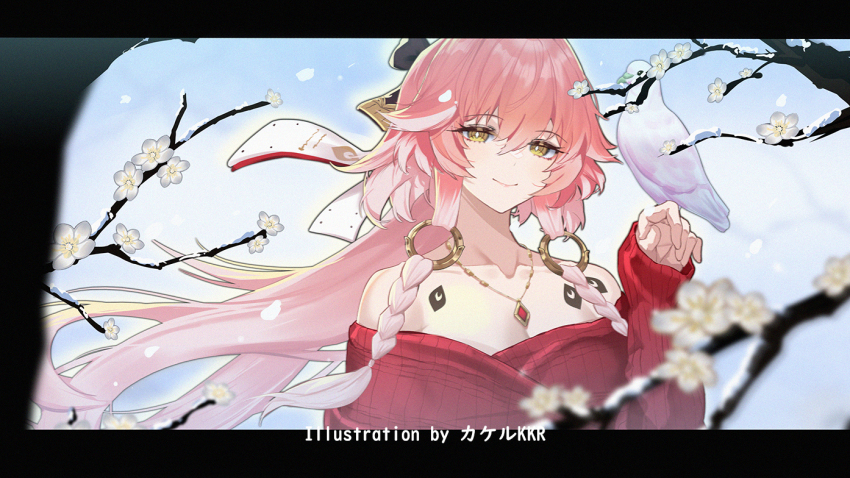 1girl alternate_costume artist_name bare_shoulders bird bird_on_hand blurry blurry_foreground body_markings braid bright_pupils changli_(wuthering_waves) chinese_commentary closed_mouth collarbone commentary_request flower hair_between_eyes hair_extensions hand_up jewelry letterboxed long_hair long_sleeves looking_at_viewer multicolored_hair necklace off-shoulder_sweater off_shoulder pink_hair red_sweater ring_hair_extensions smile solo srpzk sweater twin_braids two-tone_hair white_bird white_flower white_hair white_pupils wuthering_waves yellow_eyes