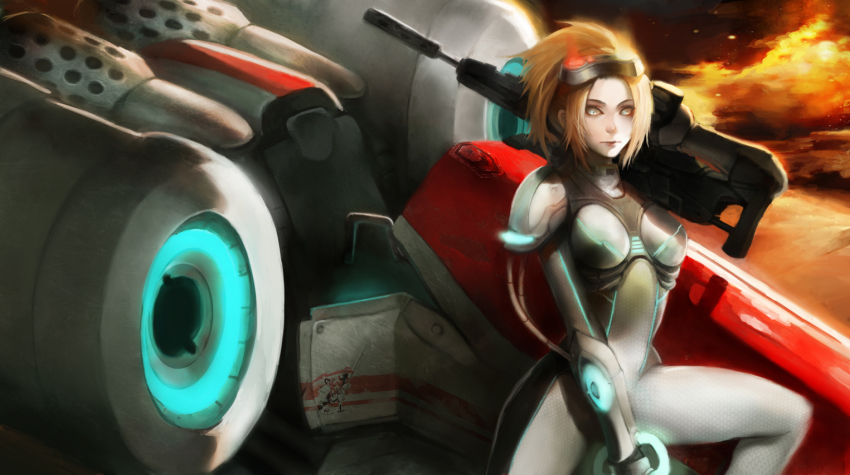 1girl armor bad_deviantart_id bad_id blonde_hair bodysuit breasts center_opening female_focus ghost_(starcraft) goggles goggles_on_head gun head-mounted_display lips neon_trim nose nova_(starcraft) ponytail power_armor rifle skin_tight solo starcraft suppressor terran tetsu_(aurvandil) weapon