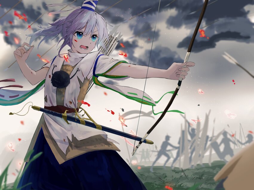 1girl 6+others absurdres arrow_(projectile) battle blue_eyes blue_hat blue_skirt bow_(weapon) cloud commentary_request cowboy_shot fire grey_hair grey_sky hat highres holding holding_bow_(weapon) holding_weapon lower_teeth_only mononobe_no_futo multiple_others open_mouth outdoors quiver roowen_taro scabbard sheath shirt short_hair skirt sky solo_focus sword tate_eboshi teeth touhou weapon white_shirt