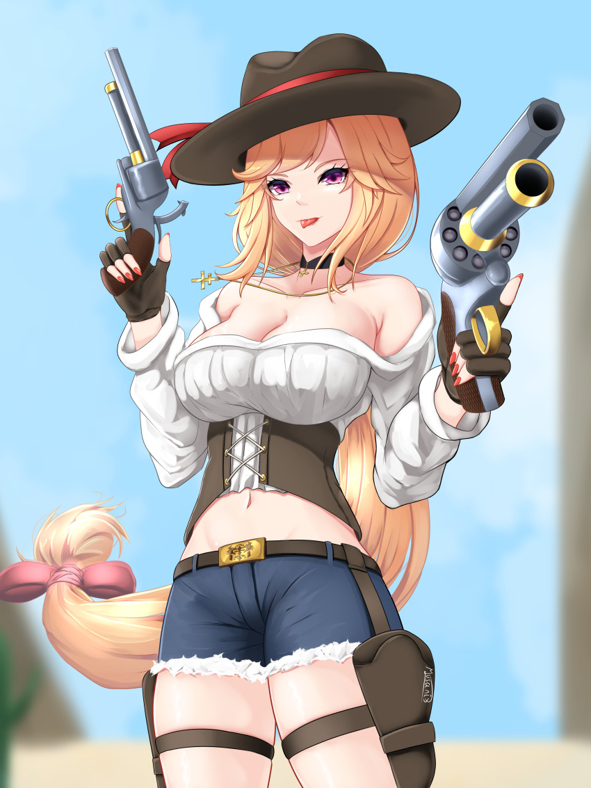 1girl absurdres alternate_costume azur_lane bare_shoulders belt black_choker black_gloves black_hat blonde_hair blue_sky bow breasts brown_belt brown_corset choker cleavage collarbone commentary corset cowboy_hat cowboy_shot cowboy_western cowgirl_(western) cropped_shirt cross cross_choker cross_necklace cutoffs day denim denim_shorts dual_wielding fingerless_gloves floating_hair gloves gun hair_bow handgun hands_up hat highres holding holding_gun holding_weapon holster jewelry large_breasts long_hair long_sleeves low-tied_long_hair low_neckline maltese_cross midriff musanix navel necklace off-shoulder_shirt off_shoulder outdoors pink_bow purple_eyes red_nails revolver richelieu_(azur_lane) shirt short_shorts shorts sidelocks signature sky solo standing swept_bangs thigh_holster thigh_strap tongue tongue_out trigger_discipline very_long_hair weapon white_shirt