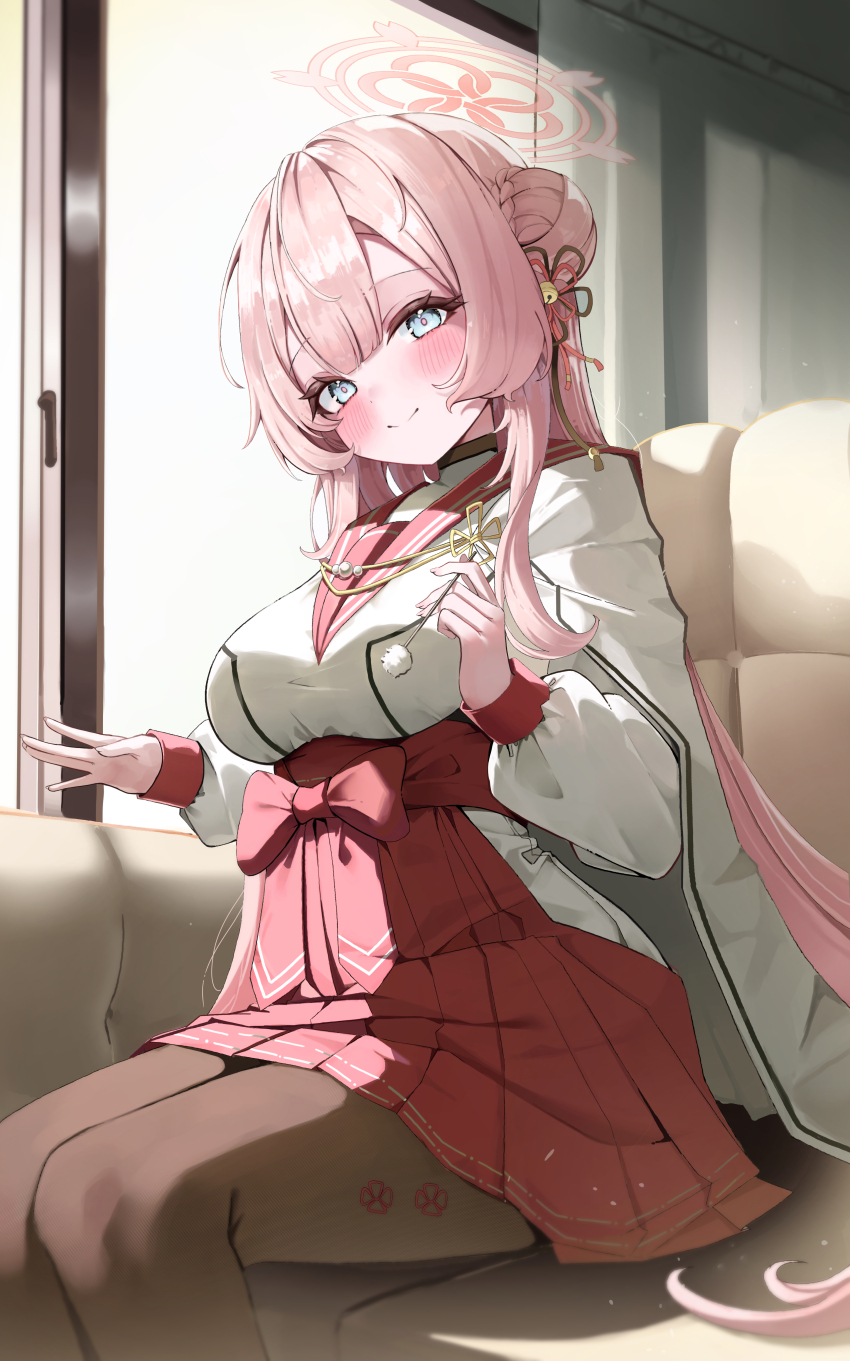 1girl absurdres black_pantyhose blue_archive blue_eyes blush breasts bun_with_braided_base cape choker closed_mouth commentary cotton_swab couch hair_bun hakama hakama_short_skirt hakama_skirt halo high-waist_skirt highres japanese_clothes lap_pillow_invitation long_hair long_sleeves looking_at_viewer mimikaki mimori_(blue_archive) on_couch pantyhose pink_hair pink_halo puffy_long_sleeves puffy_sleeves red_choker red_hakama red_sailor_collar sailor_collar shirt single_hair_bun single_side_bun sisong skirt smile solo symbol-only_commentary white_cape white_shirt