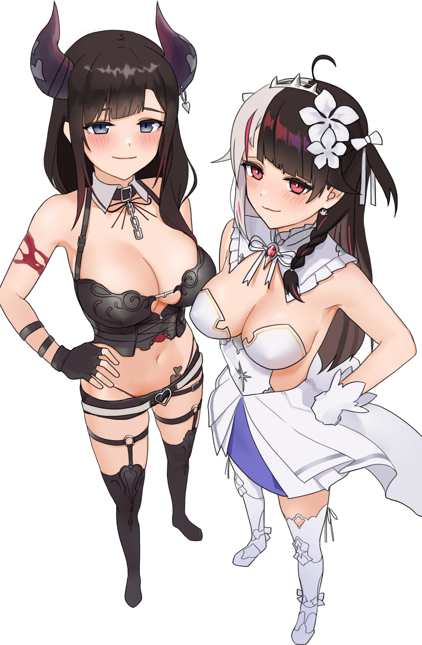 2girls absurdres ahoge backless_dress backless_outfit bare_shoulders belt black_bustier black_collar black_gloves black_hair black_shorts blush bodice braid breasts brown_hair buckle chain collar demon_horns detached_collar diagonal_bangs dress earrings fingerless_gloves flower frilled_collar frills from_above full_body gem gloves grey_hair hair_flower hair_ornament hairband hands_on_own_hips heart heart-shaped_buckle heart_tattoo highleg highleg_panties highres horn_piercing horns jewelry large_breasts long_hair looking_at_viewer lowleg lowleg_shorts multicolored_hair multiple_girls navel nijisanji o-ring o-ring_legwear o-ring_legwear_garter panties pleated_dress plunging_neckline rabbit_earrings red_eyes red_gemstone red_hair short_shorts shorts side_braid simple_background smirk spiked_hairband spikes standing stomach_tattoo strapless strapless_dress streaked_hair suzuka_utako suzuka_utako_(11th_costume) tattoo thigh_belt thigh_strap thighhighs two-tone_hair two_side_up underwear very_long_hair virtual_youtuber white_background white_collar white_dress white_gloves white_thighhighs wind wing_collar wrist_belt yifeng_ivte yorumi_rena yorumi_rena_(8th_costume) zipper_pull_tab