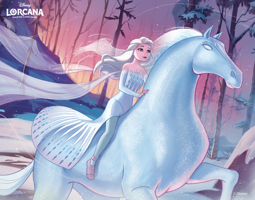 1girl absurdres blue_eyes blue_leggings copyright_name cristian_romero disney_lorcana dress elsa_(frozen) frozen_(disney) highres horse horseback_riding leggings logo long_hair outdoors riding snow solo tree white_dress white_hair