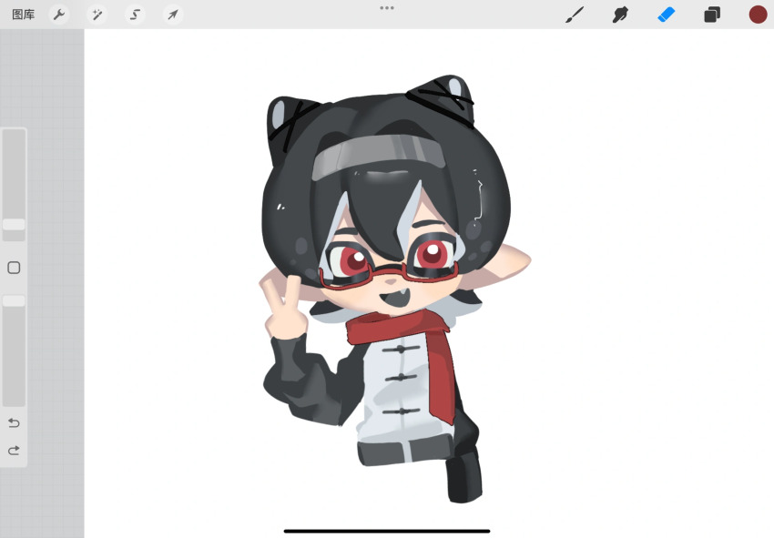 1boy art_program_in_frame black_hair black_ribbon black_sleeves black_tongue character_request chibi chinese_clothes cone_hair_bun copyright_request cropped_legs double_bun fang glasses grey_hairband grey_pants hair_between_eyes hair_bun hair_intakes hair_ribbon hairband happy highres inkling light_blush long_sleeves male_focus nintendo open_mouth pants pointy_ears procreate_(medium) procreate_(software) puffy_long_sleeves puffy_sleeves qianwa_shi_biao red-framed_eyewear red_eyes red_scarf ribbon scarf shirt short_hair simple_background sleeves_past_wrists smile solo splatoon_(series) tangzhuang tentacle_hair v white_background white_shirt