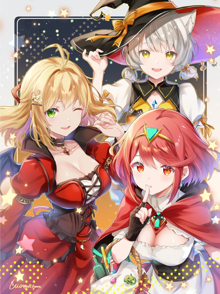 3girls alternate_costume fiora_(xenoblade) halloween halloween_costume highres mio_(xenoblade) multiple_girls pyra_(xenoblade) ui_frara xenoblade_chronicles_(series) xenoblade_chronicles_1 xenoblade_chronicles_2 xenoblade_chronicles_3