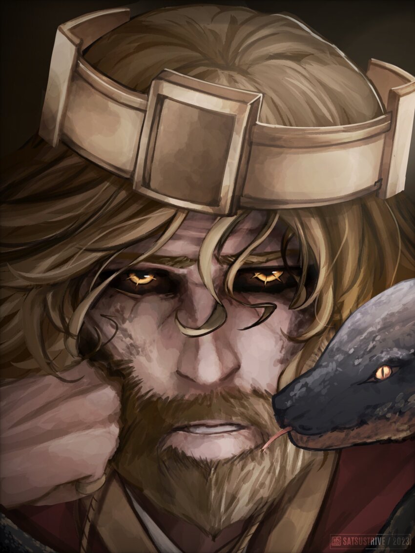 1boy beard black_sclera close-up colored_sclera commentary crown elden_ring english_commentary facial_hair forked_tongue god-devouring_serpent hand_on_own_cheek hand_on_own_face highres looking_at_viewer medium_hair open_mouth pet praetor_rykard rykard_lord_of_blasphemy satsu-strive slit_pupils snake solo_focus tongue yellow_eyes yellow_pupils