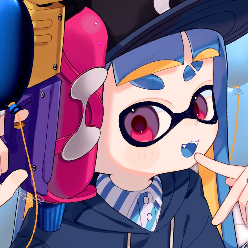 1girl balloon baseball_cap black_hat blonde_hair blue_hair blue_hoodie blue_shirt blue_tongue collared_shirt colored_inner_hair colored_tongue drawstring dress_shirt eyebrow_cut fangs hat highres holding holding_weapon hood hood_down hoodie inkling inkling_girl inkling_player_character long_hair multicolored_hair nintendo open_mouth pink_eyes sabata_saba shirt signature smile solo splatoon_(series) splattershot_(splatoon) striped_clothes striped_shirt tentacle_hair thick_eyebrows two-tone_hair two-tone_shirt upper_body weapon white_shirt